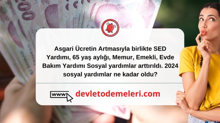 Asgari Ücretin Artmasıyla birlikte SED Yardımı, 65 yaş aylığı, Memur, Emekli, Evde Bakım Yardımı Sosyal yardımlar arttırıldı. 2024 sosyal yardımlar ne kadar oldu?