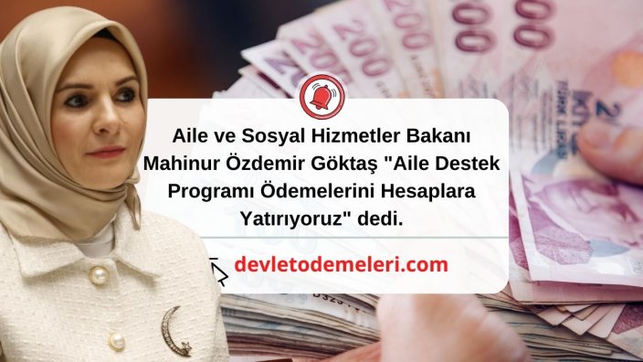 Aile ve Sosyal Hizmetler Bakanı Mahinur Özdemir Göktaş "Aile Destek Programı Ödemelerini Hesaplara Yatırıyoruz" dedi.